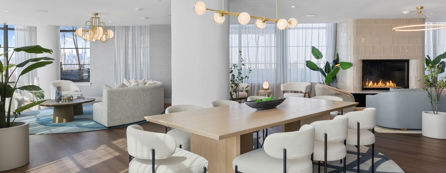a clubroom with a table and chairs